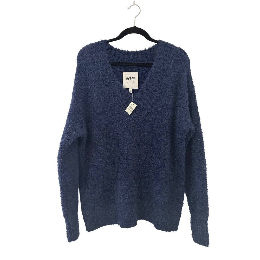 Aerie Womens XS Navy Blue Fuzzy Eyelash Knit V-Neck Oversized Sweater Cozy